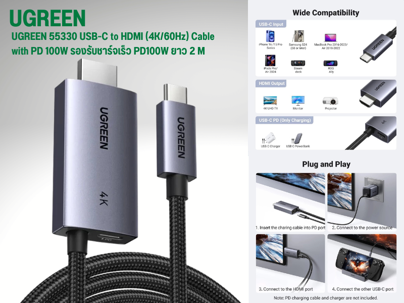 UGREEN USB-C TO HDMI CABLE (4K/60Hz) with PD 100W รองรับชาร์จเร็ว