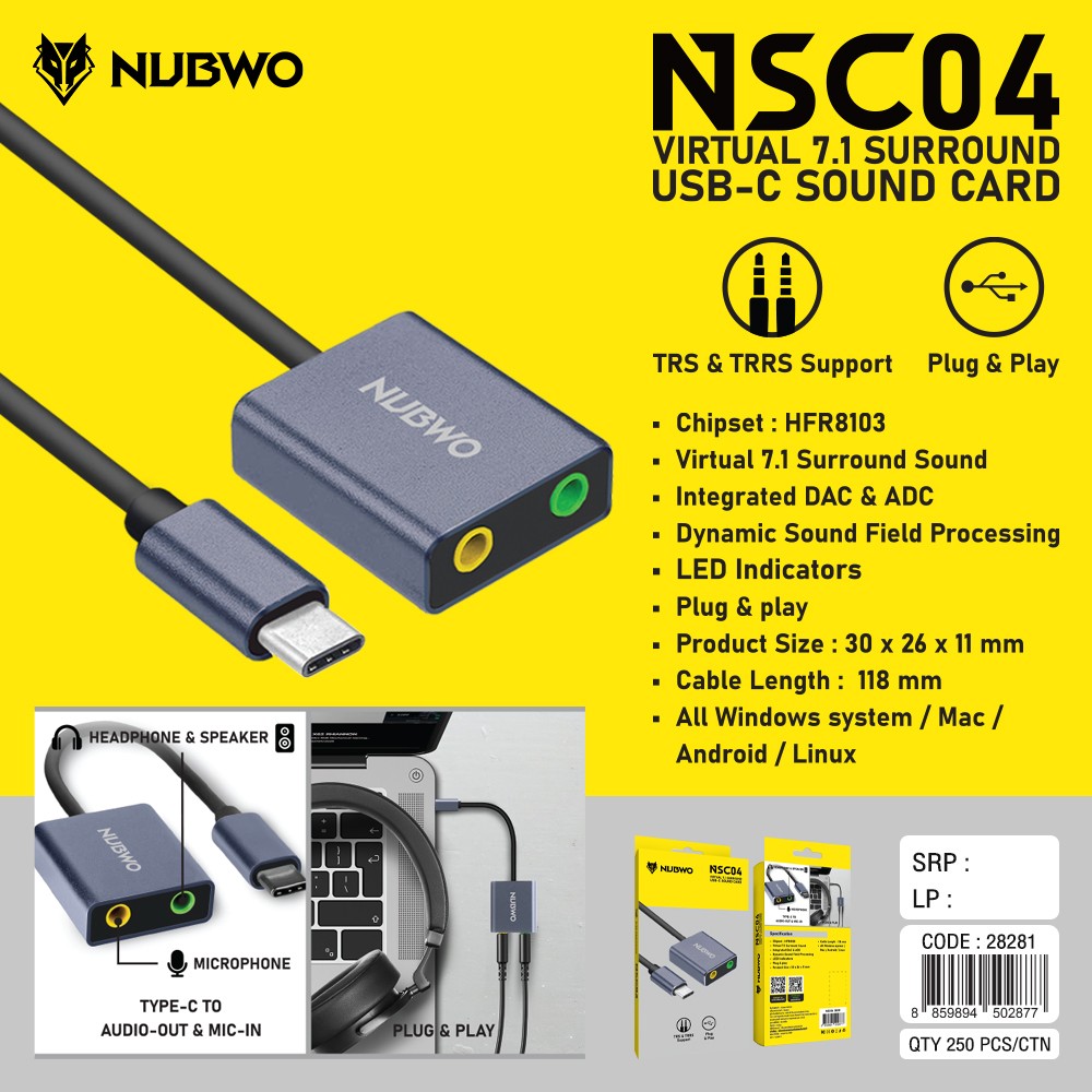 NUBWO NSC04 VIRTUAL 7.1 SURROUND USB-C SOUND CARD