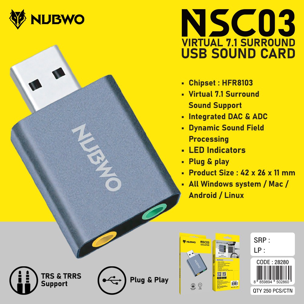 NUBWO NSC03 VIRTUAL 7.1 SURROUND USB SOUND CARD