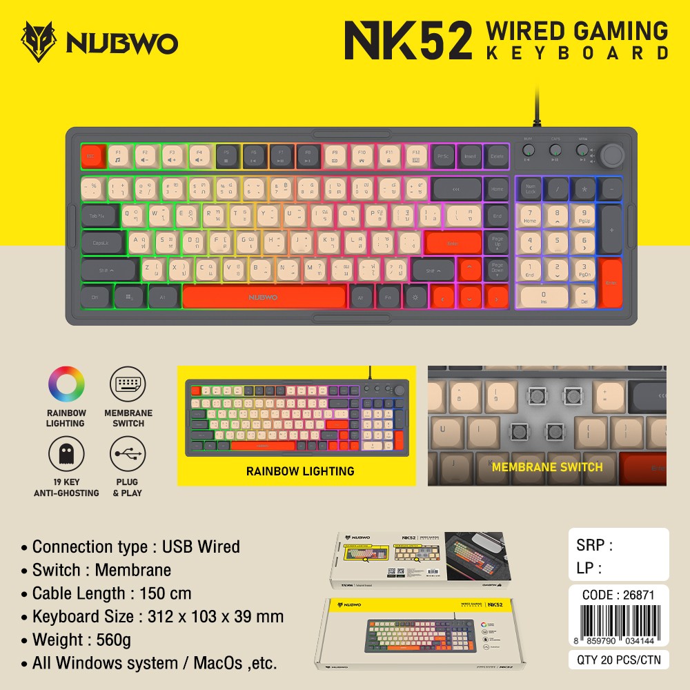NUBWO Gaming Keyboard Membrane Switch 101 Keys Rainbow LIGHTING