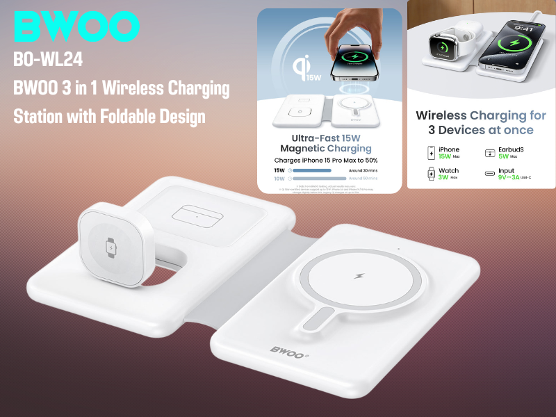 BWOO 3 in 1 Wireless Charging Station with Foldable Design