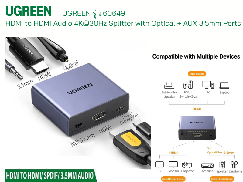 UGREEN รุ่น 60649 HDMI to HDMI Audio 4K@30Hz Splitter