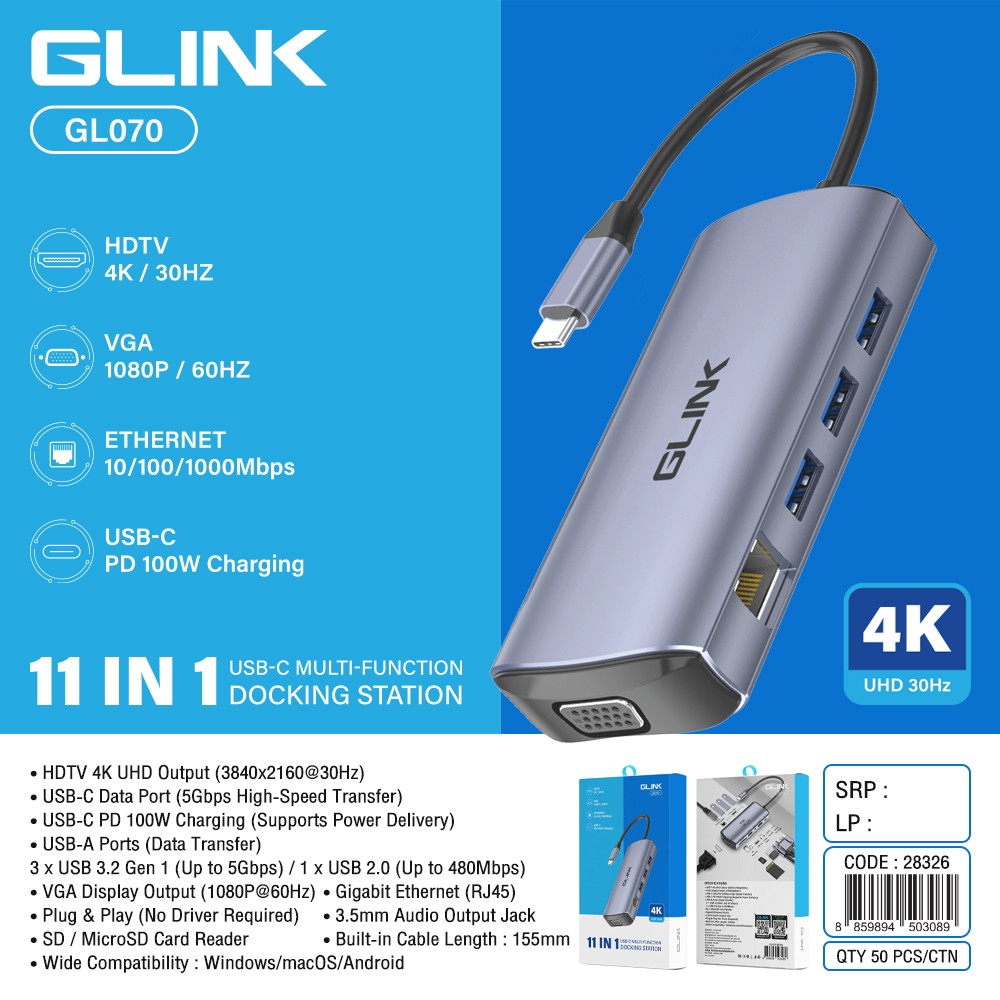 GLINK USB TYPE-C 11-IN-1 MULTI-FUNCTION DOCKING STATION