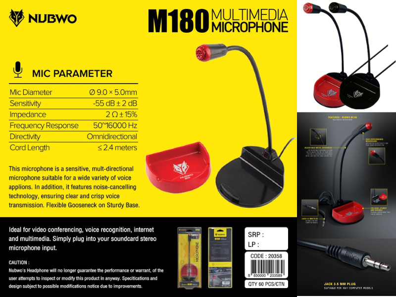 ไมโครโฟน NUBWO M180 Multimedia Microphone jack 3.5mm.