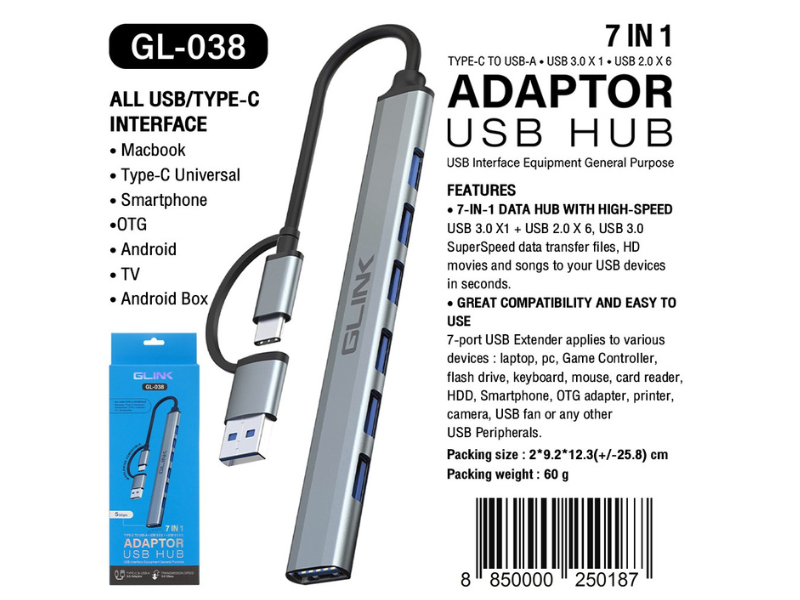 Hub 7in1 Type-C to USB GL038 - Glink USB Hub TYpe-C