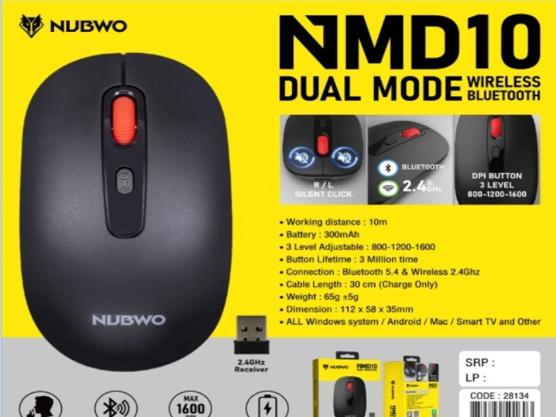 NUBWO MOUSE Dual Mode Wireless + Bluetooth 1600dpi.
