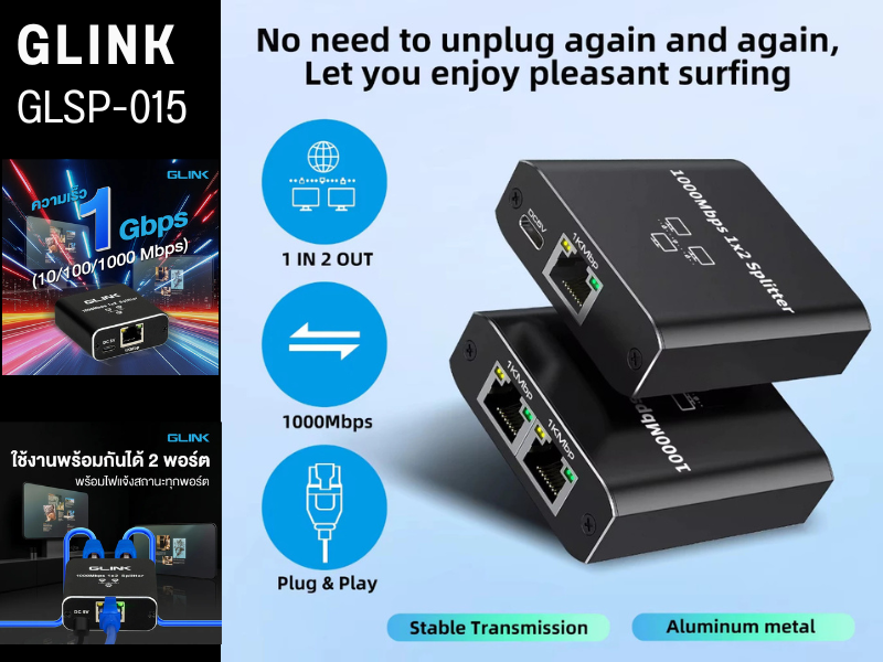 GLINK GLSP-015 Ethernet Splitter RJ45 เข้า1 ออก 2Port 1000Mbps
