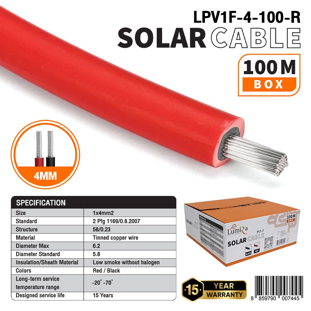 LUMIRA สายไฟโซล่าเซลล์ 1x4MM² สายยาว 100เมตร สีแดง