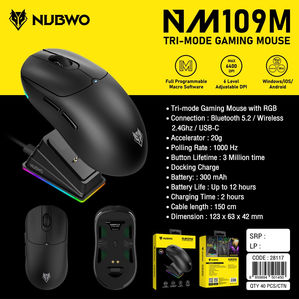 NUBWO NM109M เมาส์เกมมิ่งไร้สาย 2 in 1 มีแท่นชาร์จไว