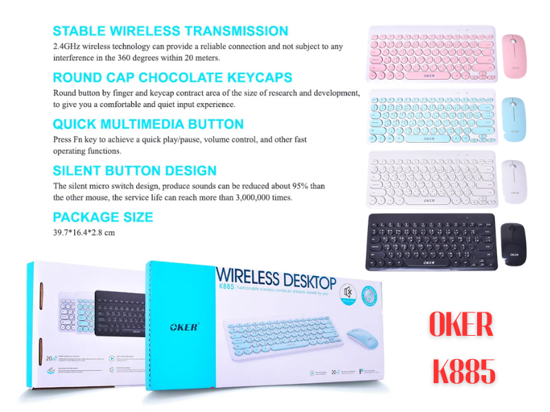 Oker ชุดคีย์บอร์ด และมาส์ไร้สาย รุ่น K885 ดีไซน์ขนาดกะทัดรัดสะดวกแก่การพกพา