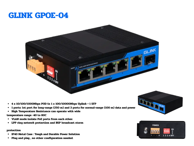 GLINK GPOE-04 Industrial Gigabit PoE Switch 4 Port สำหรับระบบสายแลน