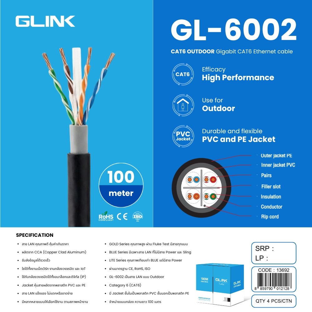 GLINK สาย LAN แบบ Indoor BLUE Series 100 เมตร รุ่น GL-6002