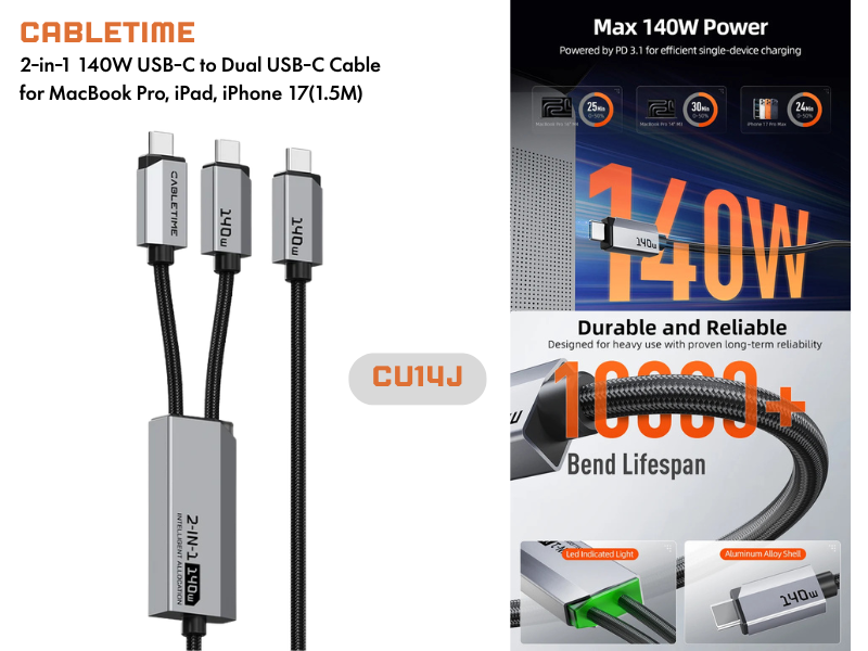 CableTime Adapter USB-C to Dual USB-C รองรับกำลังชาร์จสูงสุด 140W