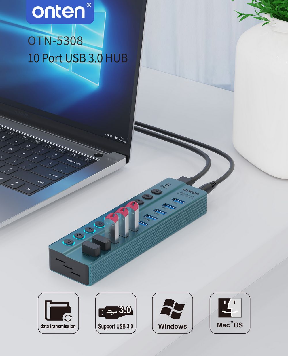 ONTEN USB3.2 GEN 1 HUB 10 PORT with AC Adapter