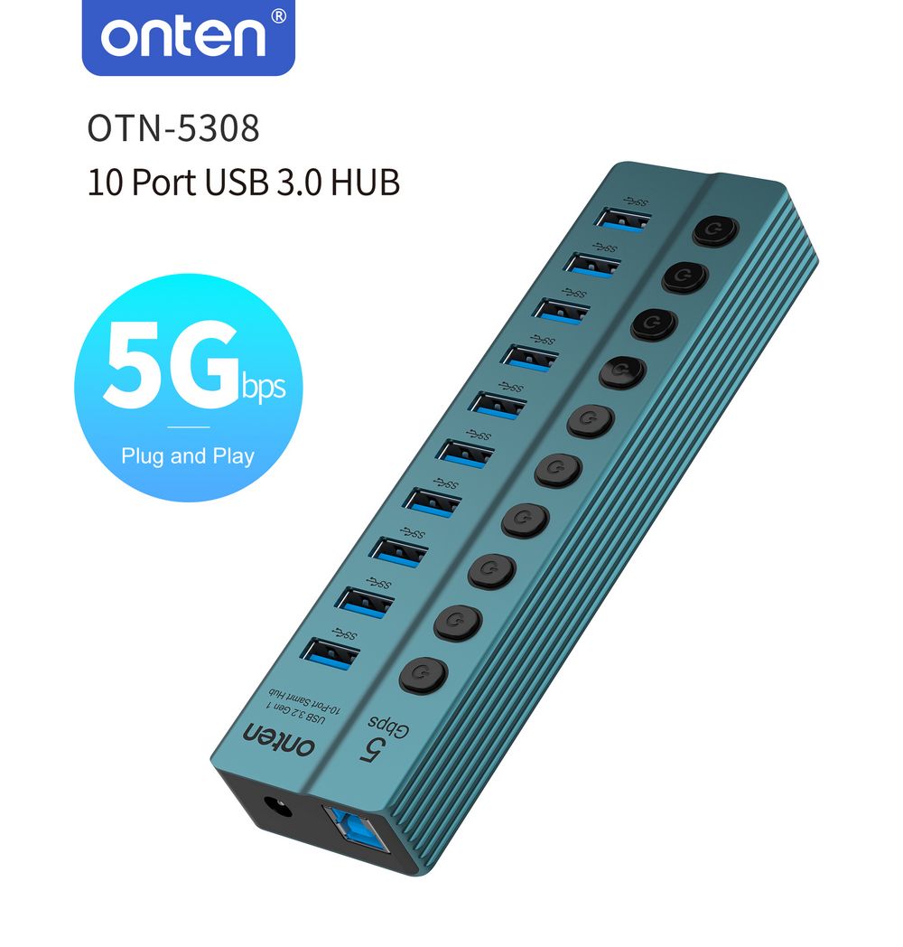 ONTEN USB3.2 GEN 1 HUB 10 PORT with AC Adapter