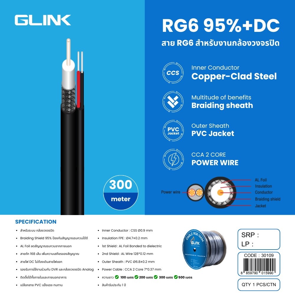 GLINK สาย RG6 Shield 95% +DC สำหรับกล้องวงจรปิด 300เมตร