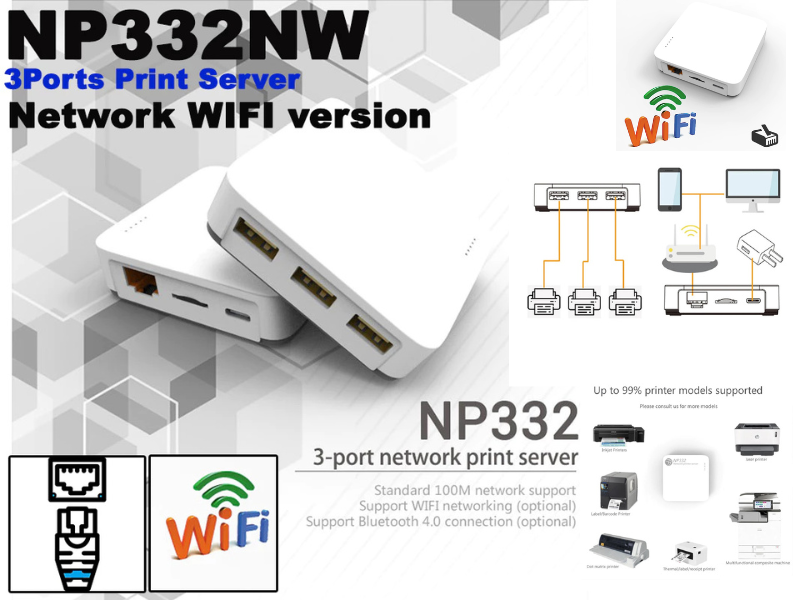 Print Server NP332NW Wi-Fi 3 USB Ports Network RJ45