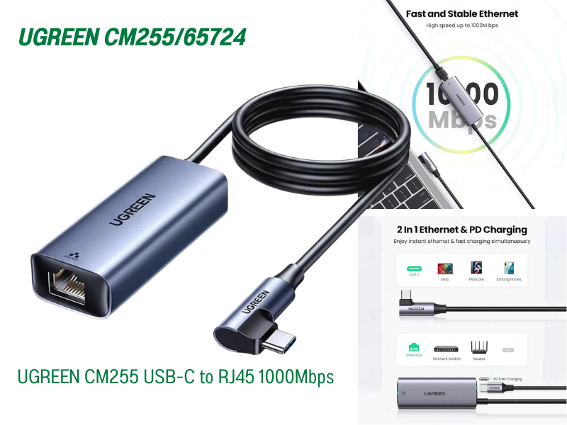 UGREEN CM255 USB-C to LAN RJ45 Adapter แบบหัวงอ 90องศา