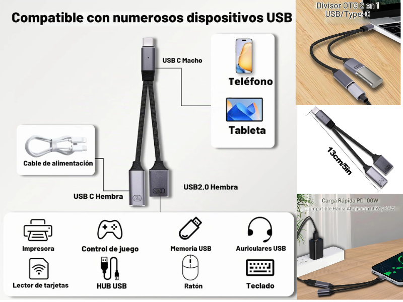 USB-C 2-IN1 USB-C TO USB OTG + PD Charger 100W. สายยาว 13ซม.