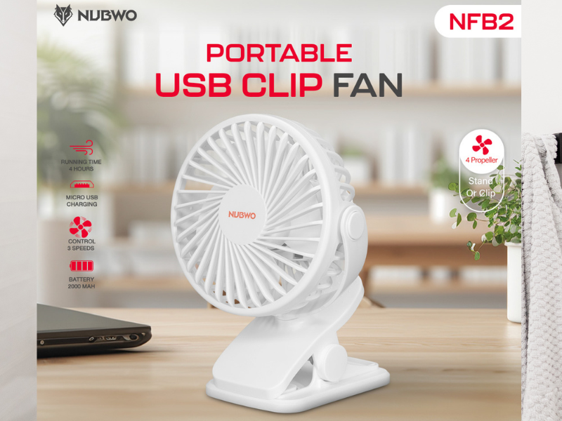 NUBWO พัดลมพับได้ แบบหนีบ มีแบตเตอรี่ในตัวความจุถึง 2000 mAh รุ่น NFB2