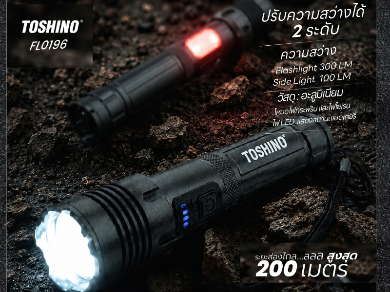 TOSHINO ไฟฉายชาร์จไฟ LED พร้อมไฟไซเรน รุ่น FL0196 สีดำ