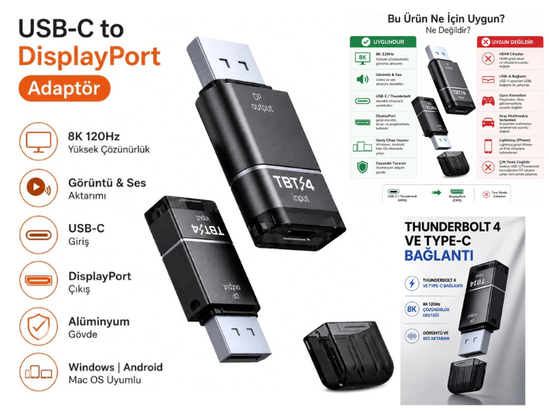 Adapter Thunderbolt 4 Type-C to DisplayPort DP 8K@120Hz