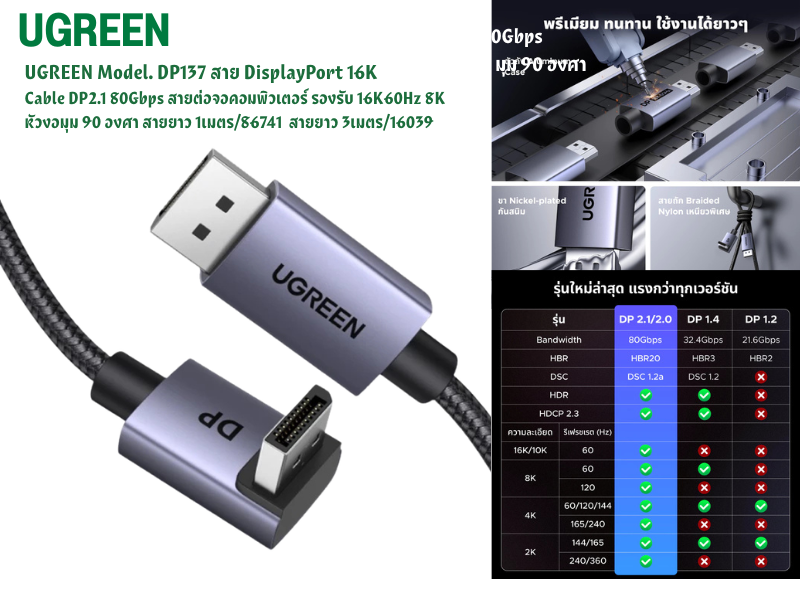 DisplayPort 16K Cable DP2.1 80Gbps หัวงอ 90 องศา สายยาว 1เมตร