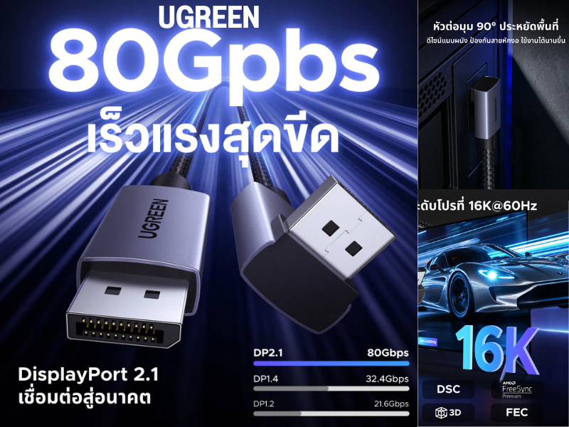 DisplayPort 16K Cable DP2.1 80Gbps หัวงอ 90 องศา สายยาว 1เมตร