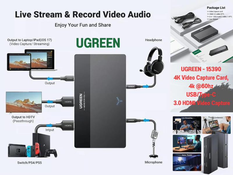 UGREEN รุ่น 15390 Video Capture Card 4K@60Hz USB/Type-C 3.0 HDMI