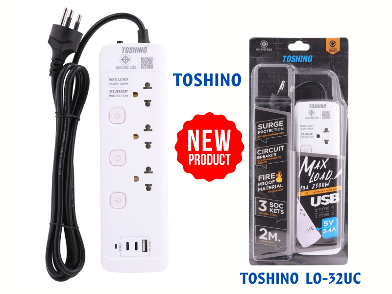โตชิโน ปลั๊กจ่ายไฟ 3ช่องเสียบ 3สวิทซ์ 1พอร์ตUSB-A 2พอร์ตUSB-C