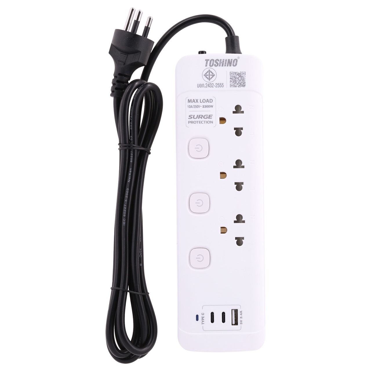 โตชิโน ปลั๊กจ่ายไฟ 3ช่องเสียบ 3สวิทซ์ 1พอร์ตUSB-A 2พอร์ตUSB-C