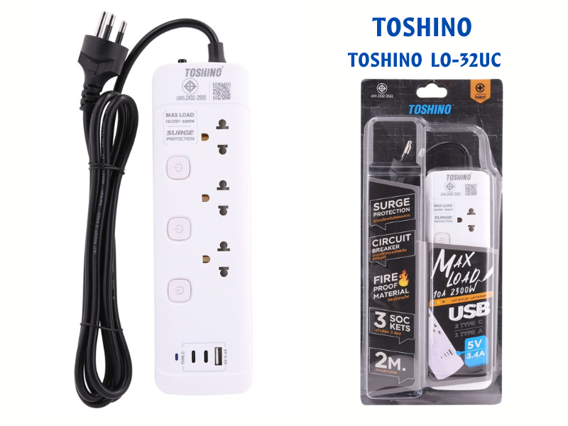 โตชิโน ปลั๊กจ่ายไฟ 3ช่องเสียบ 3สวิทซ์ 1พอร์ตUSB-A 2พอร์ตUSB-C
