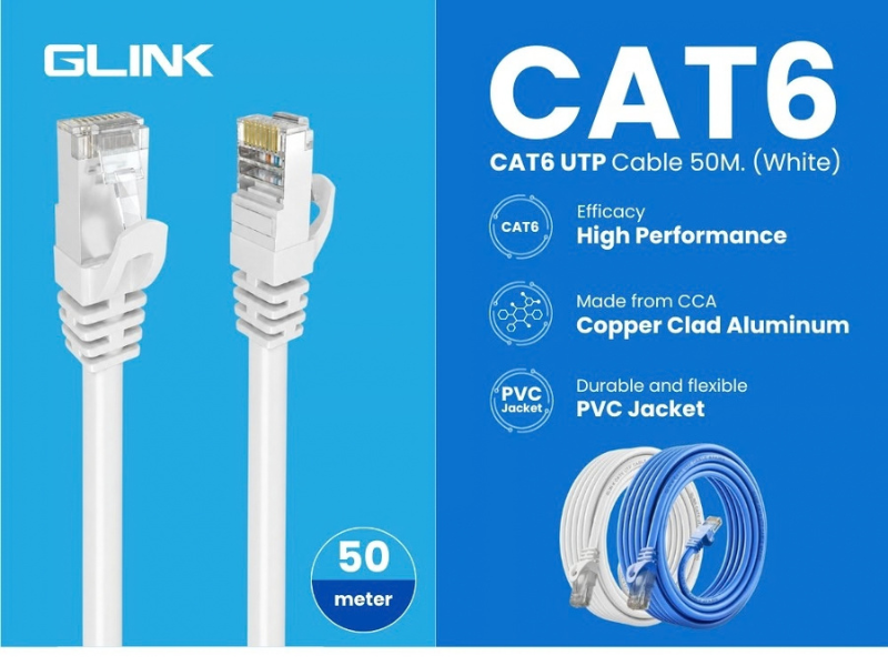 GLINK LAN CAT6 สายแลนสำเร็จรูปภายในอาคาร สีขาว สายยาว 50เมตร