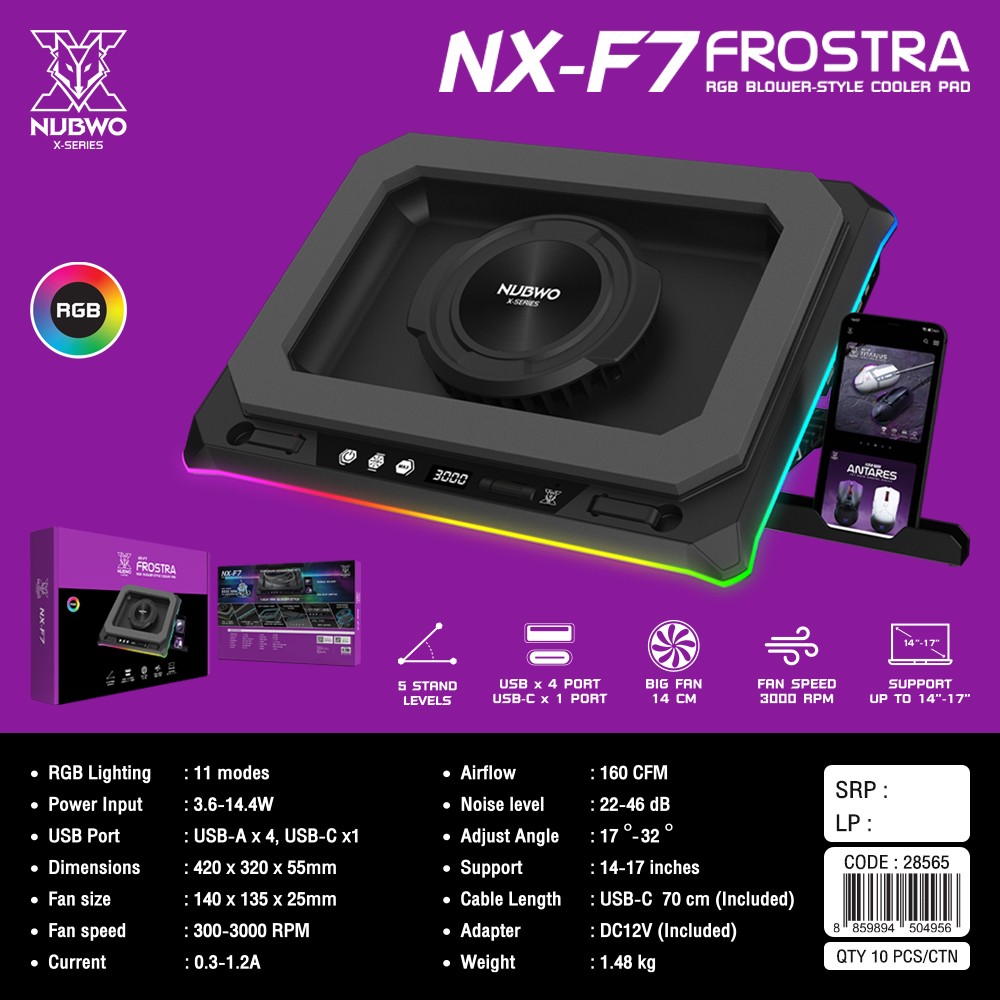 NUBWO X-SERIES พัดลมระบายความร้อนโน๊ตบุ๊ค14-17นิ้ว พร้อมไฟ RGB