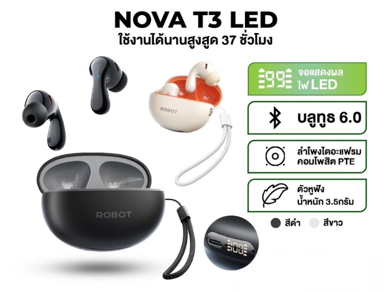 ROBOT รุ่น NOVA T3 หูฟังมือถือ หูฟังบลูทูธไร้สาย TWS พร้อมจอ LED