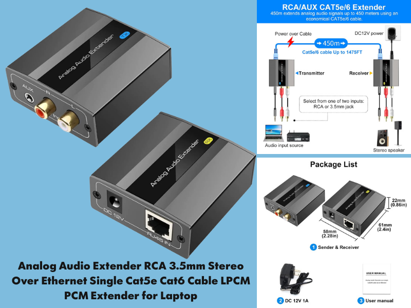 Analog Audio Extender RCA 3.5mm Stereo Over Ethernet Single Cat5e/Cat6