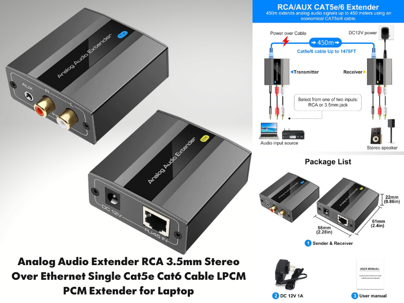 Analog Audio Extender RCA 3.5mm Stereo Over Ethernet Single Cat5e/Cat6